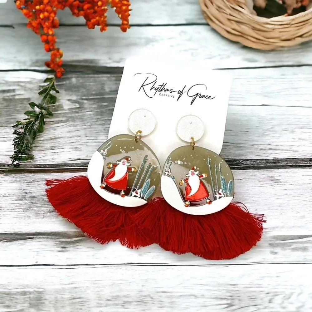 Festive Snowglobe Earrings - Santa Claus Christmas Drop Earrings with Fringe